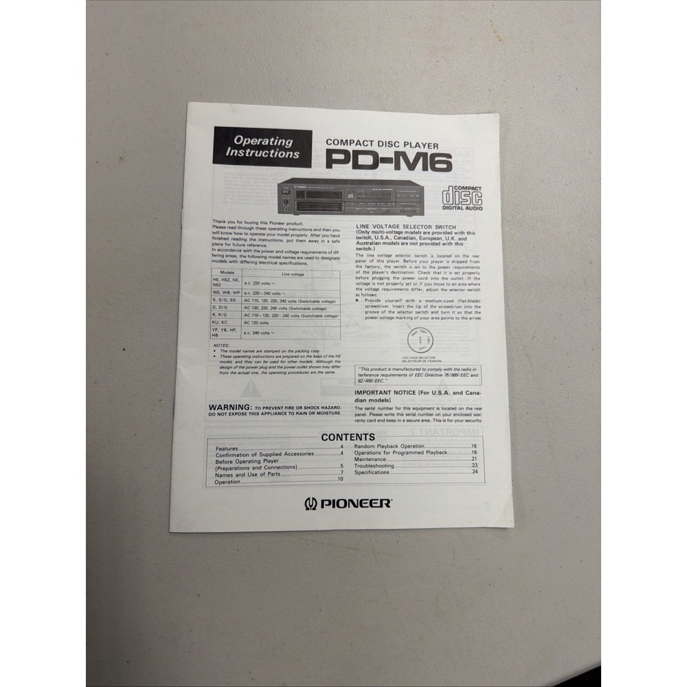 vintage Pioneer PD-M6 6-disc compact disc player Manual Only